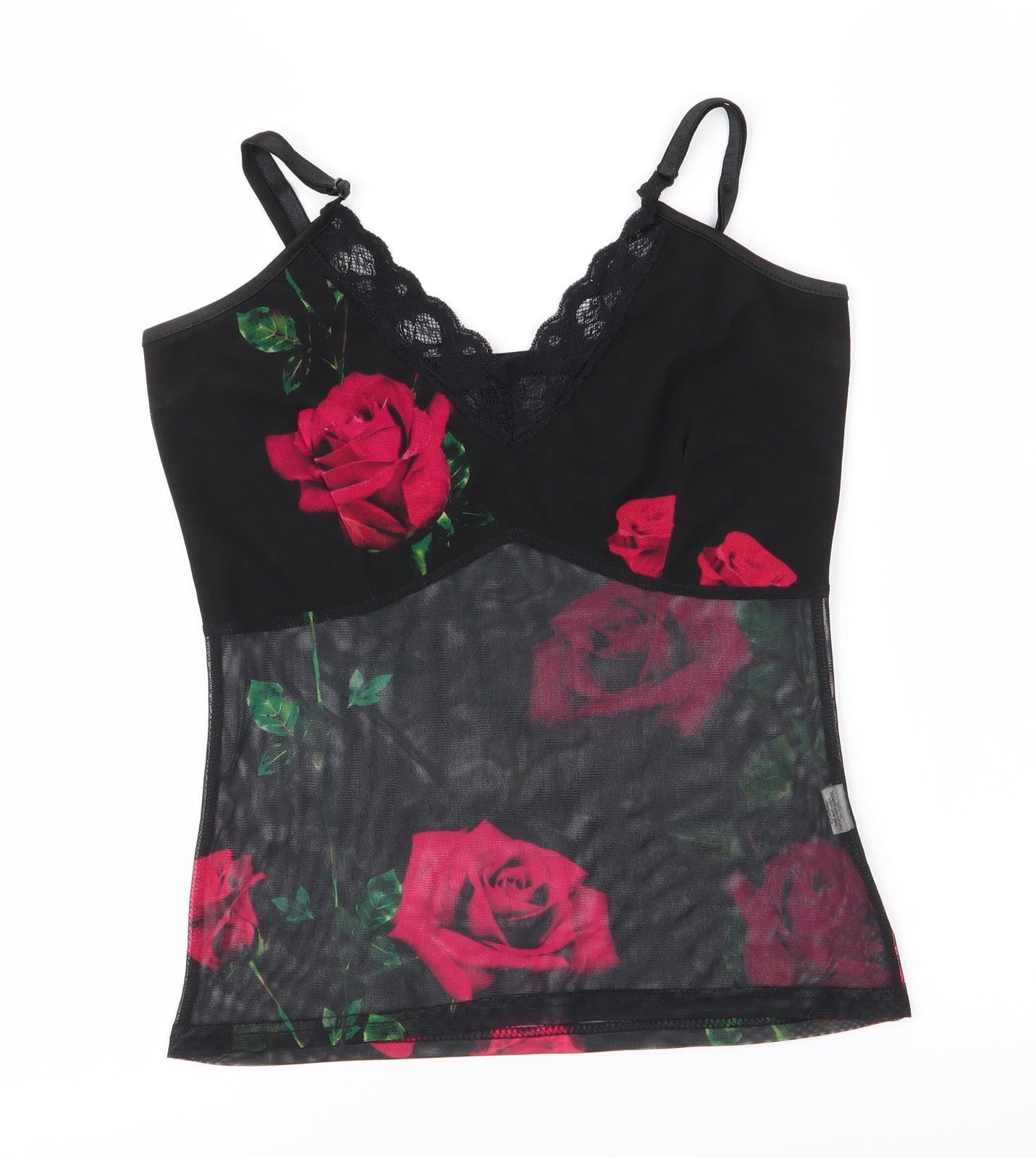 Boohoo Womens Black Floral Polyester Cami Pyjama Top Size 10   - Red Rose Sheer