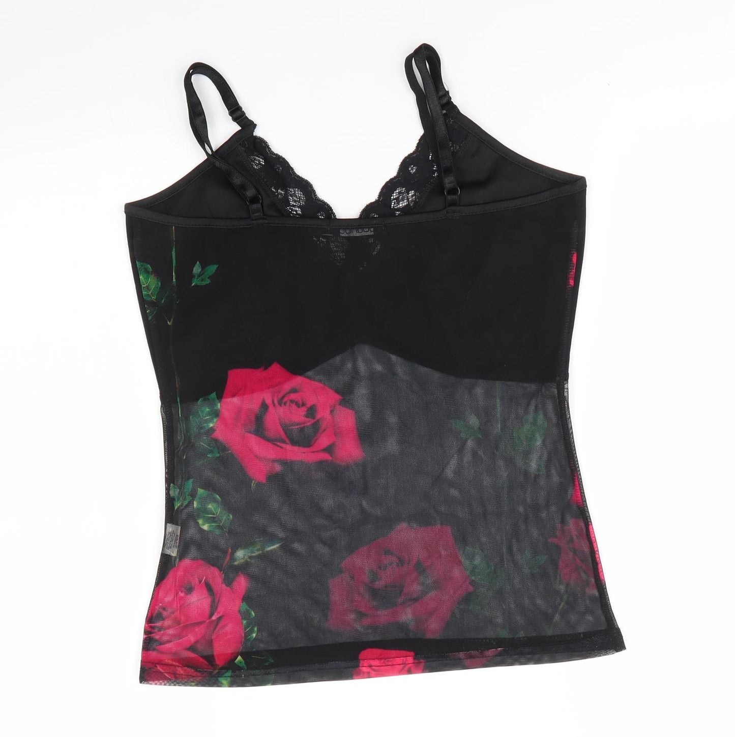 Boohoo Womens Black Floral Polyester Cami Pyjama Top Size 10   - Red Rose Sheer
