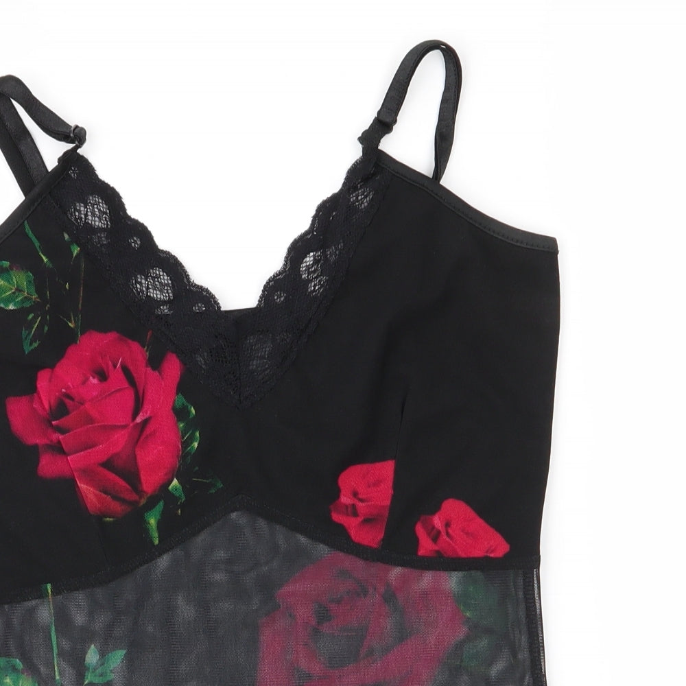Boohoo Womens Black Floral Polyester Cami Pyjama Top Size 10   - Red Rose Sheer