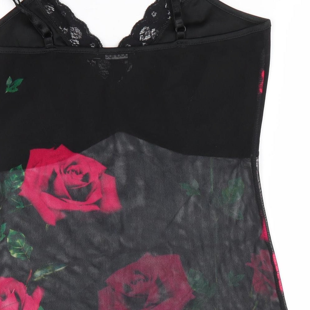 Boohoo Womens Black Floral Polyester Cami Pyjama Top Size 10   - Red Rose Sheer