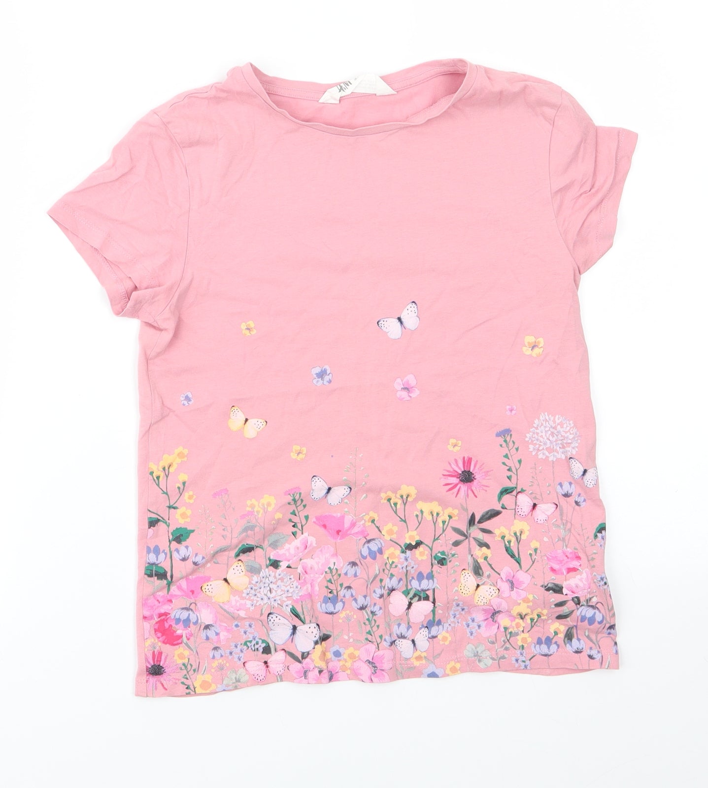 H&M Girls Pink Floral Cotton Basic T-Shirt Size 8-9 Years Round Neck  - Flowers & Butterflies