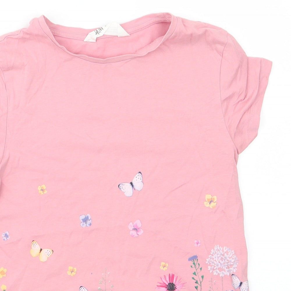 H&M Girls Pink Floral Cotton Basic T-Shirt Size 8-9 Years Round Neck  - Flowers & Butterflies