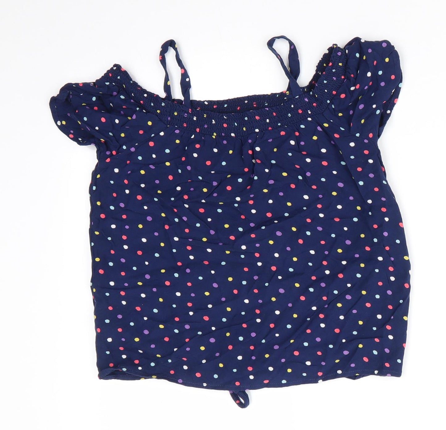 NEXT Girls Blue Polka Dot Viscose Basic Blouse Size 9 Years Off the Shoulder  - Tie Front Off Shoulder with straps Multi Colour Polka dots
