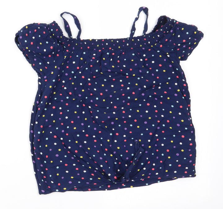 NEXT Girls Blue Polka Dot Viscose Basic Blouse Size 8 Years Off the Shoulder  - Tie Front Off Shoulder with straps Multi Colour Polka dots