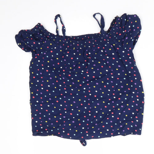 NEXT Girls Blue Polka Dot Viscose Basic Blouse Size 8 Years Off the Shoulder  - Tie Front Off Shoulder with straps Multi Colour Polka dots