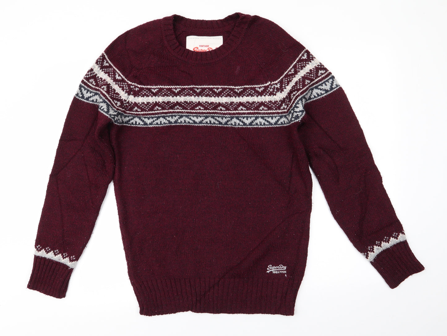 Vintage Superdry Mens Red Round Neck Geometric Acrylic Pullover Jumper Size S   - Burgandy
