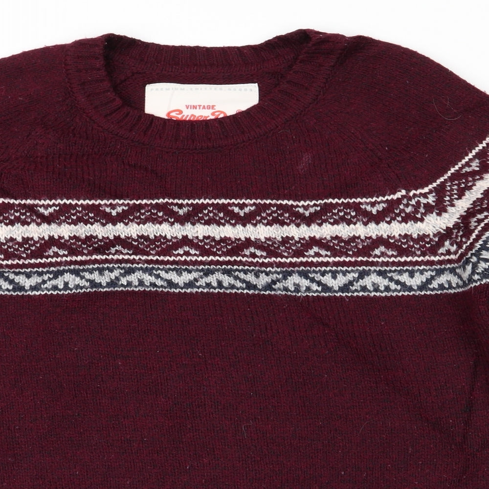 Vintage Superdry Mens Red Round Neck Geometric Acrylic Pullover Jumper Size S   - Burgandy