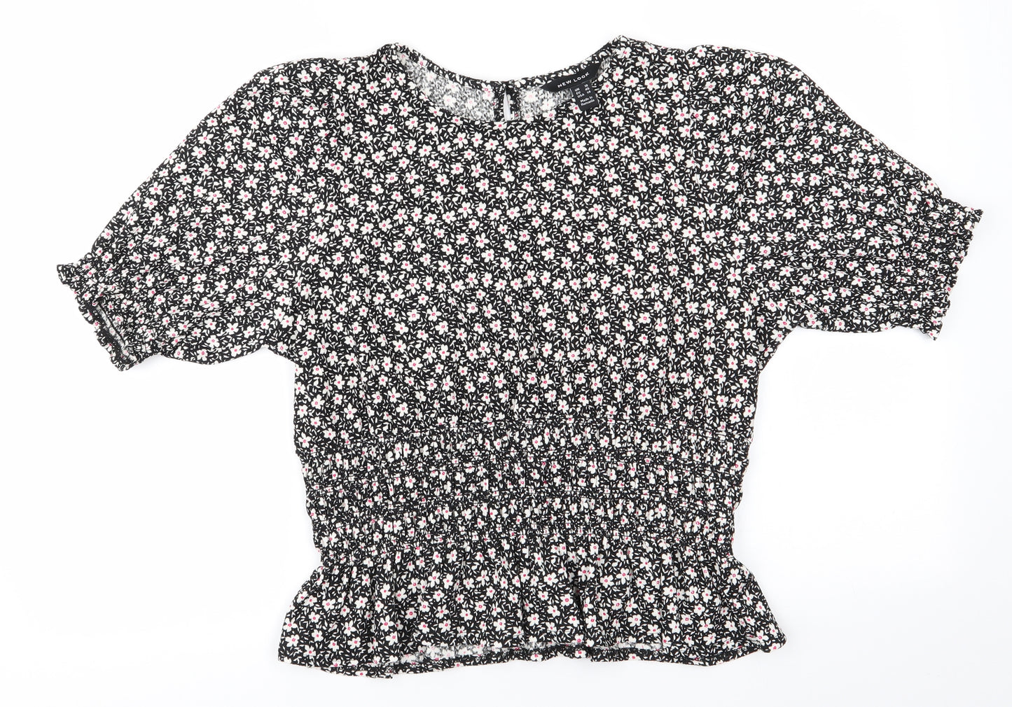 New Look Womens Black Floral Polyester Basic Blouse Size 18 Round Neck - White Flowers Deep Elasticated Waist Frilled hems