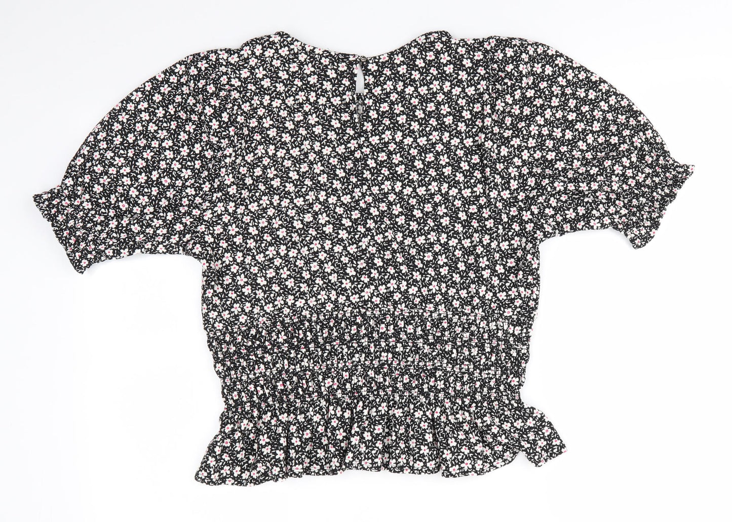 New Look Womens Black Floral Polyester Basic Blouse Size 18 Round Neck - White Flowers Deep Elasticated Waist Frilled hems