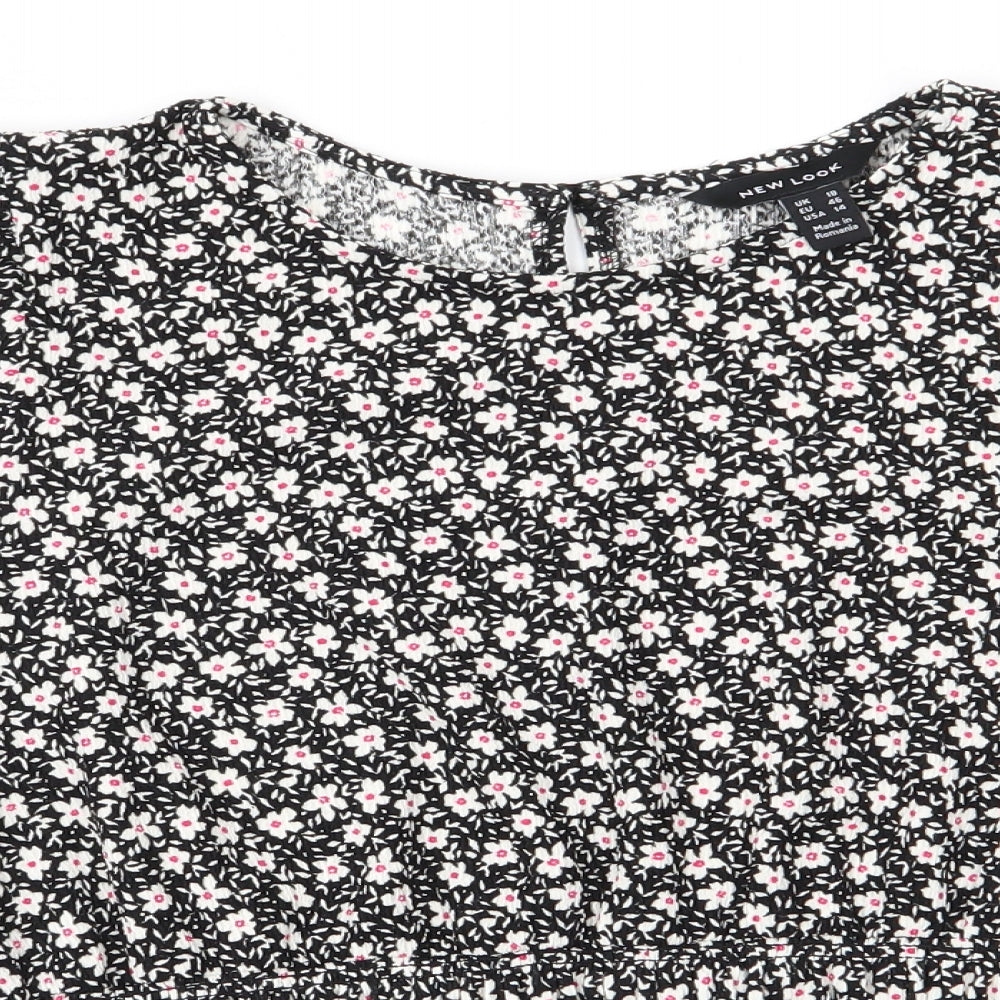 New Look Womens Black Floral Polyester Basic Blouse Size 18 Round Neck - White Flowers Deep Elasticated Waist Frilled hems