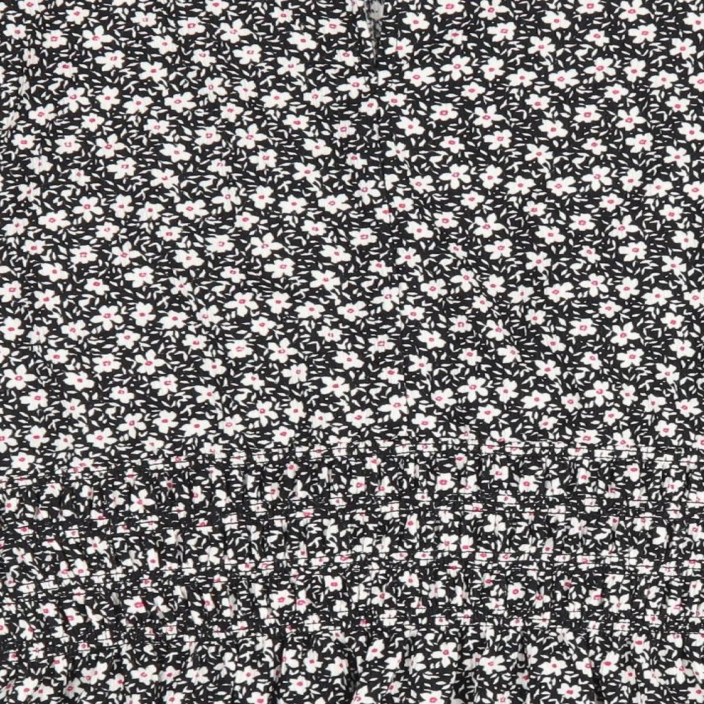 New Look Womens Black Floral Polyester Basic Blouse Size 18 Round Neck - White Flowers Deep Elasticated Waist Frilled hems