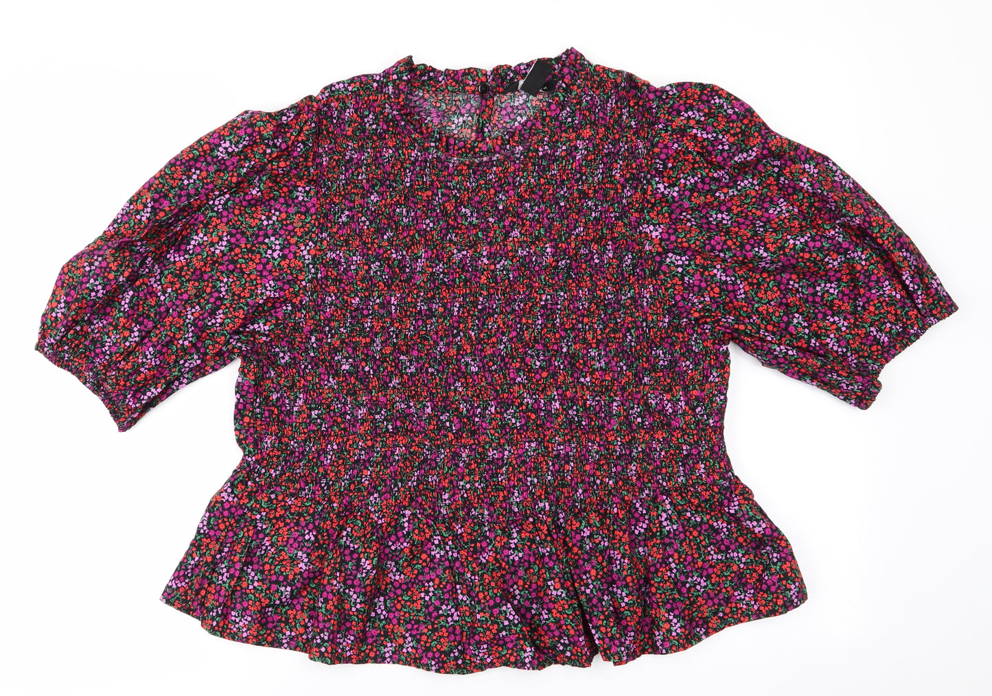 New Look Womens Black Floral Cotton Basic Blouse Size 18 Round Neck - Elasticated Front Bodice & Sleeves Frilled neck and Hem Pink Orange Purple flowers