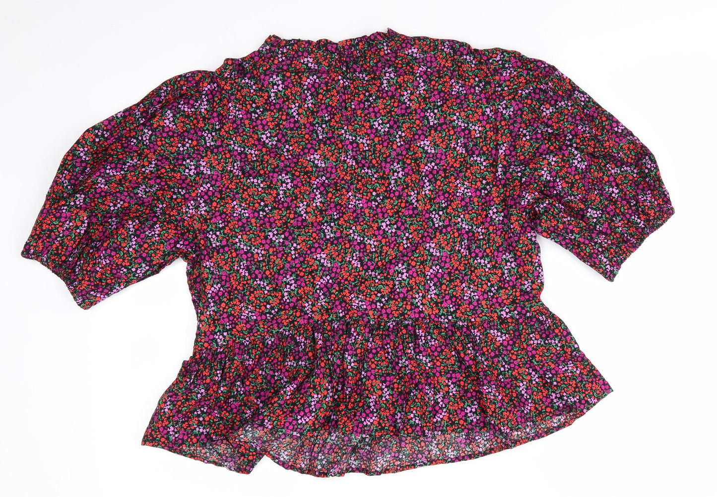 New Look Womens Black Floral Cotton Basic Blouse Size 18 Round Neck - Elasticated Front Bodice & Sleeves Frilled neck and Hem Pink Orange Purple flowers