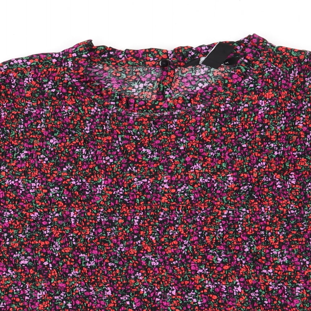 New Look Womens Black Floral Cotton Basic Blouse Size 18 Round Neck - Elasticated Front Bodice & Sleeves Frilled neck and Hem Pink Orange Purple flowers