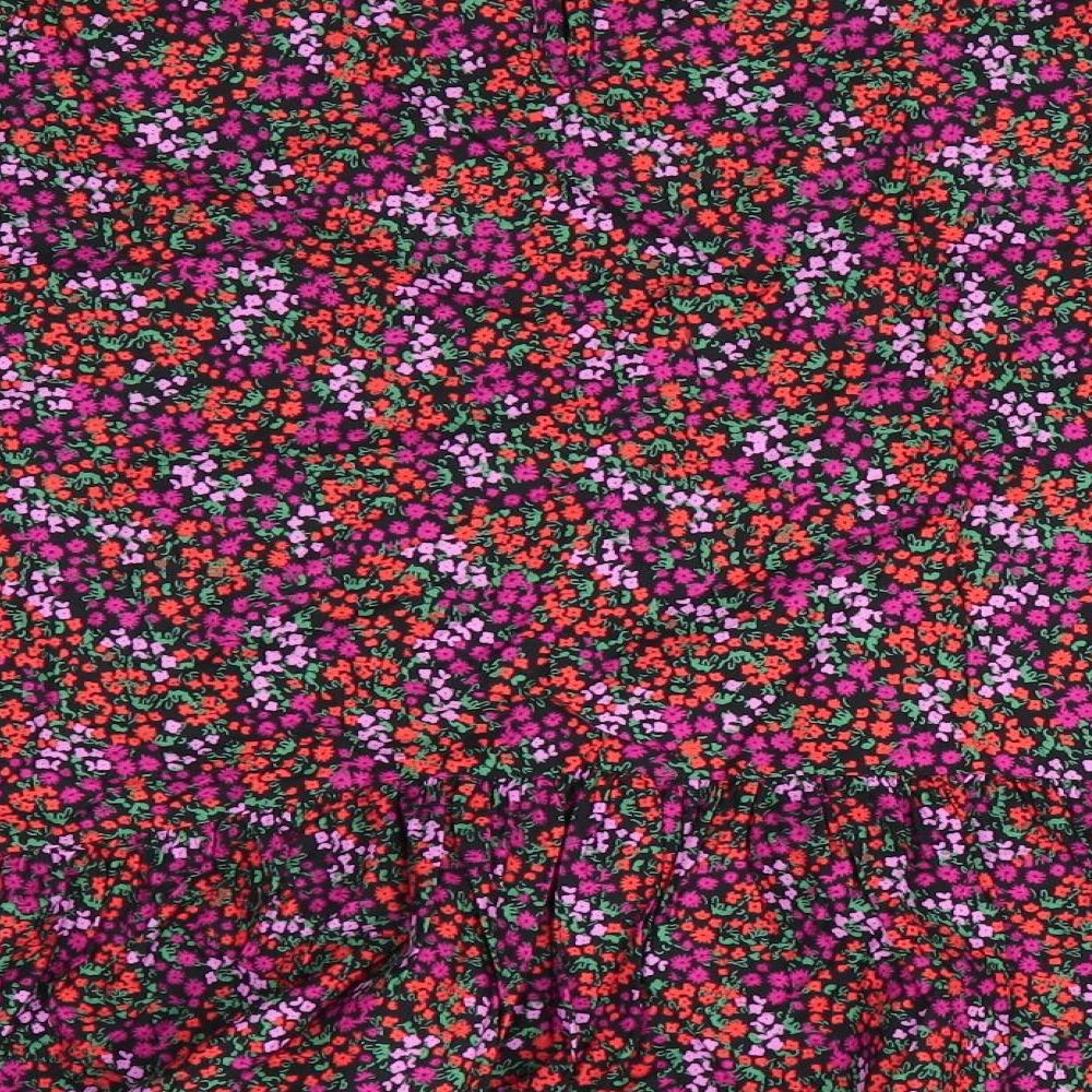 New Look Womens Black Floral Cotton Basic Blouse Size 18 Round Neck - Elasticated Front Bodice & Sleeves Frilled neck and Hem Pink Orange Purple flowers