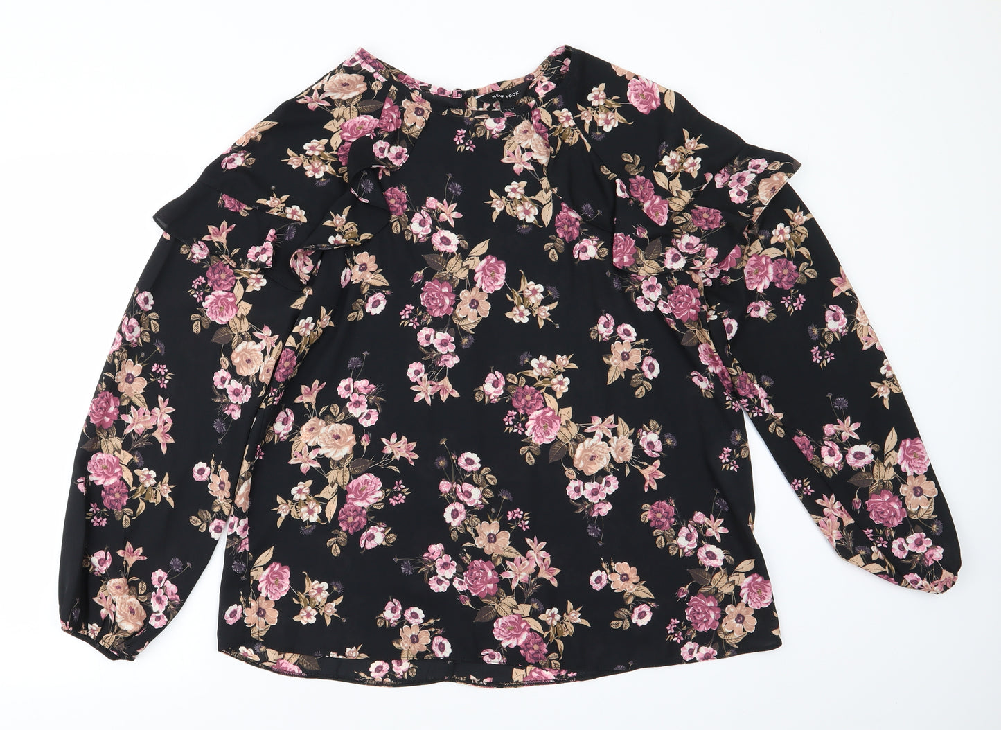 New Look Womens Black Floral Polyester Basic Blouse Size 14 Round Neck - Pink & Beige flowers Frilled Shoulders Elasticated wrists