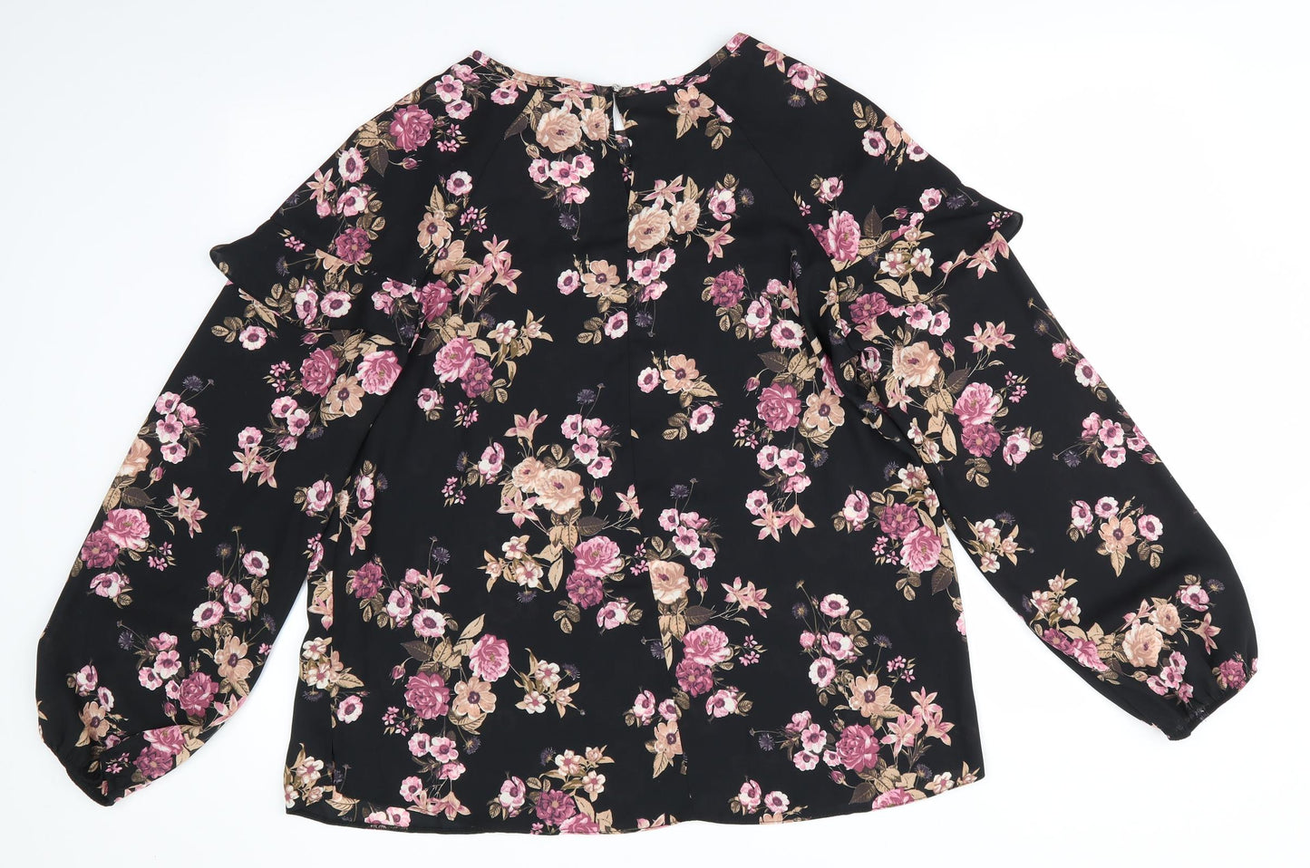 New Look Womens Black Floral Polyester Basic Blouse Size 14 Round Neck - Pink & Beige flowers Frilled Shoulders Elasticated wrists