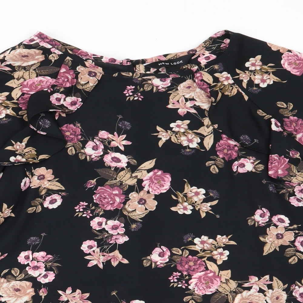 New Look Womens Black Floral Polyester Basic Blouse Size 14 Round Neck - Pink & Beige flowers Frilled Shoulders Elasticated wrists