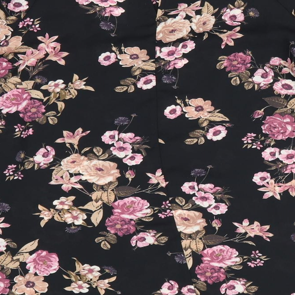 New Look Womens Black Floral Polyester Basic Blouse Size 14 Round Neck - Pink & Beige flowers Frilled Shoulders Elasticated wrists