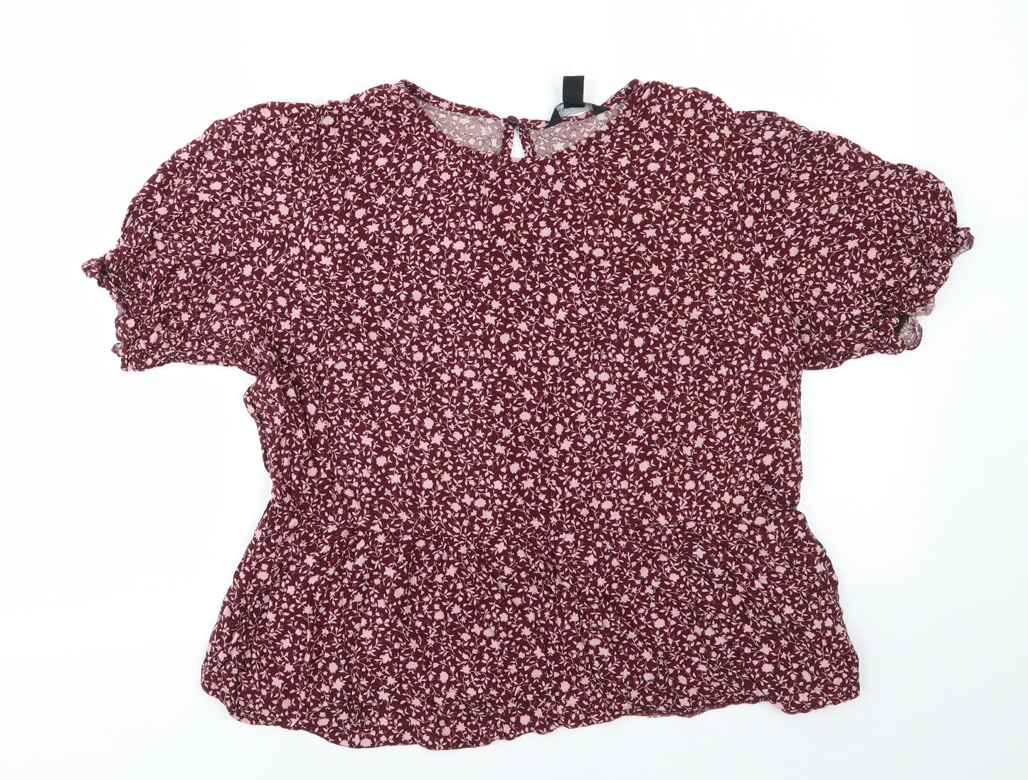 New Look Womens Brown Floral Viscose Basic Blouse Size 18 Round Neck - Pink flowers Elasticated Cuffs