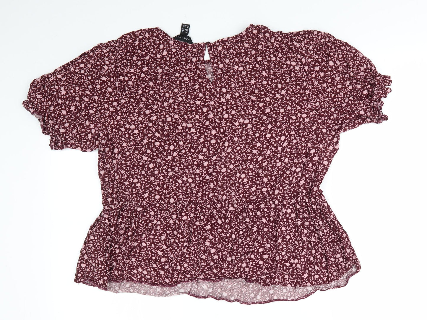 New Look Womens Brown Floral Viscose Basic Blouse Size 18 Round Neck - Pink flowers Elasticated Cuffs