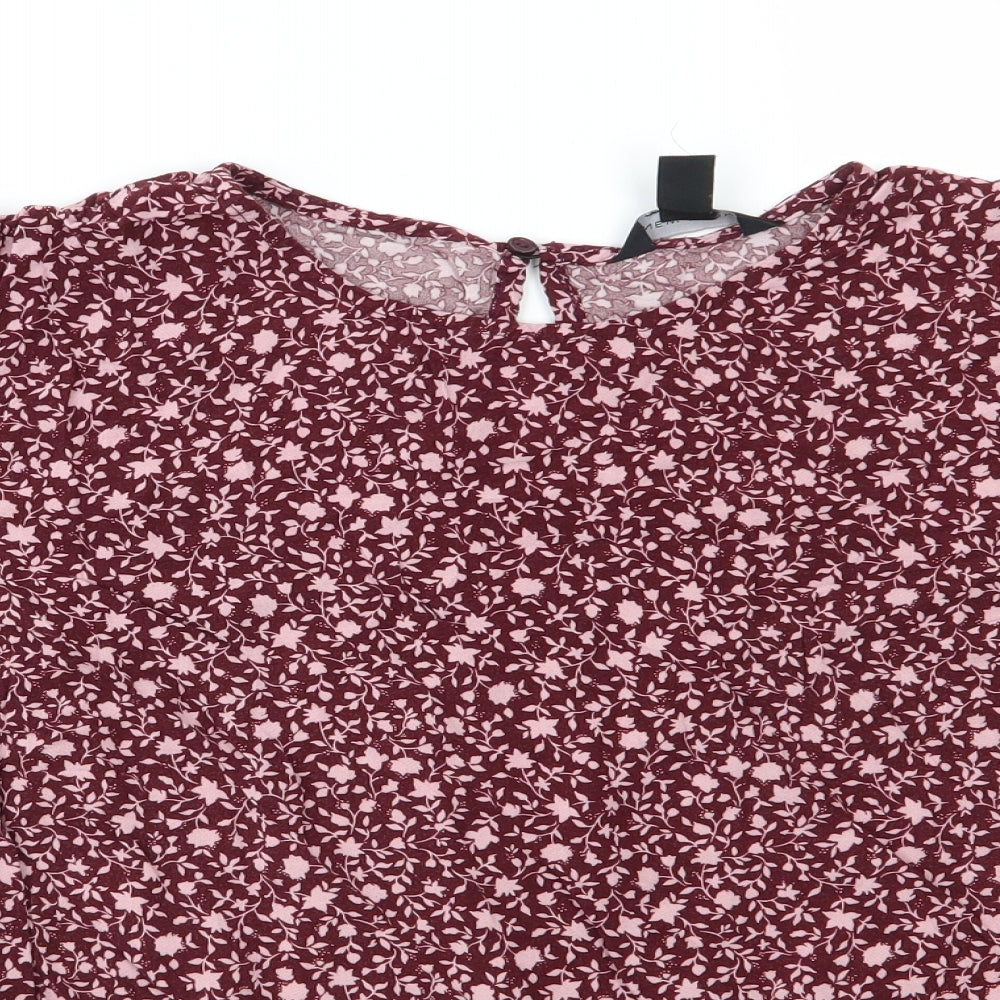 New Look Womens Brown Floral Viscose Basic Blouse Size 18 Round Neck - Pink flowers Elasticated Cuffs