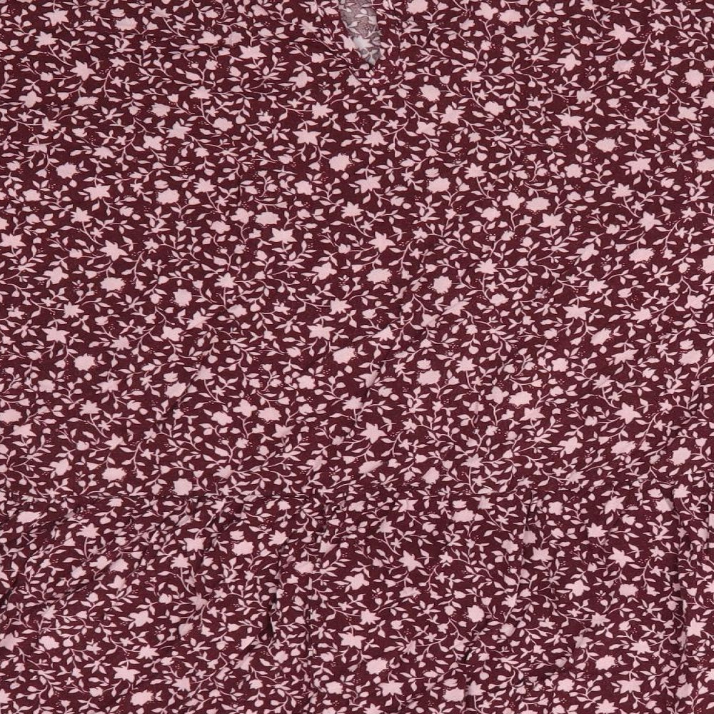 New Look Womens Brown Floral Viscose Basic Blouse Size 18 Round Neck - Pink flowers Elasticated Cuffs