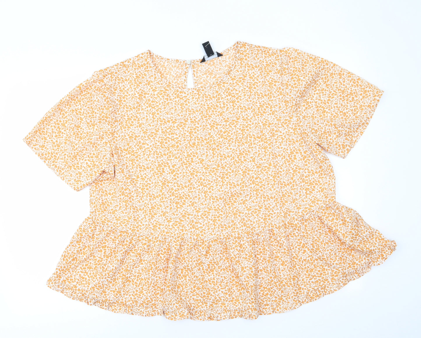 New Look Womens Gold Animal Print Polyester Basic Blouse Size 18 Round Neck - Frilled Hemline