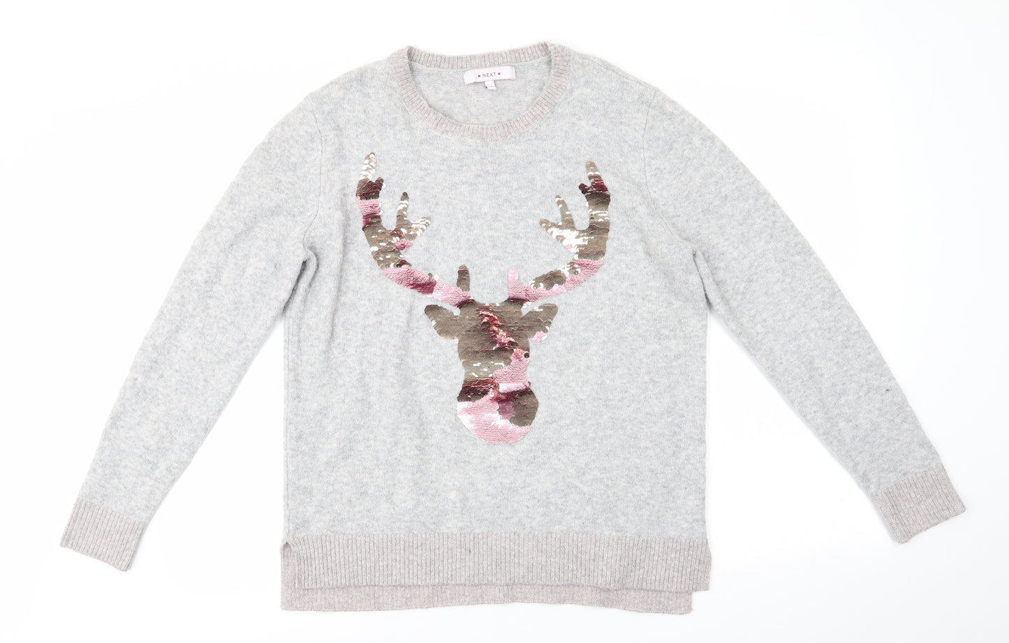 NEXT Womens Grey Round Neck Animal Print Acrylic Pullover Jumper Size 14   - Pale Pink Shimmer trim Neck Hemline Cuffs Christmas Reindeer Jumper