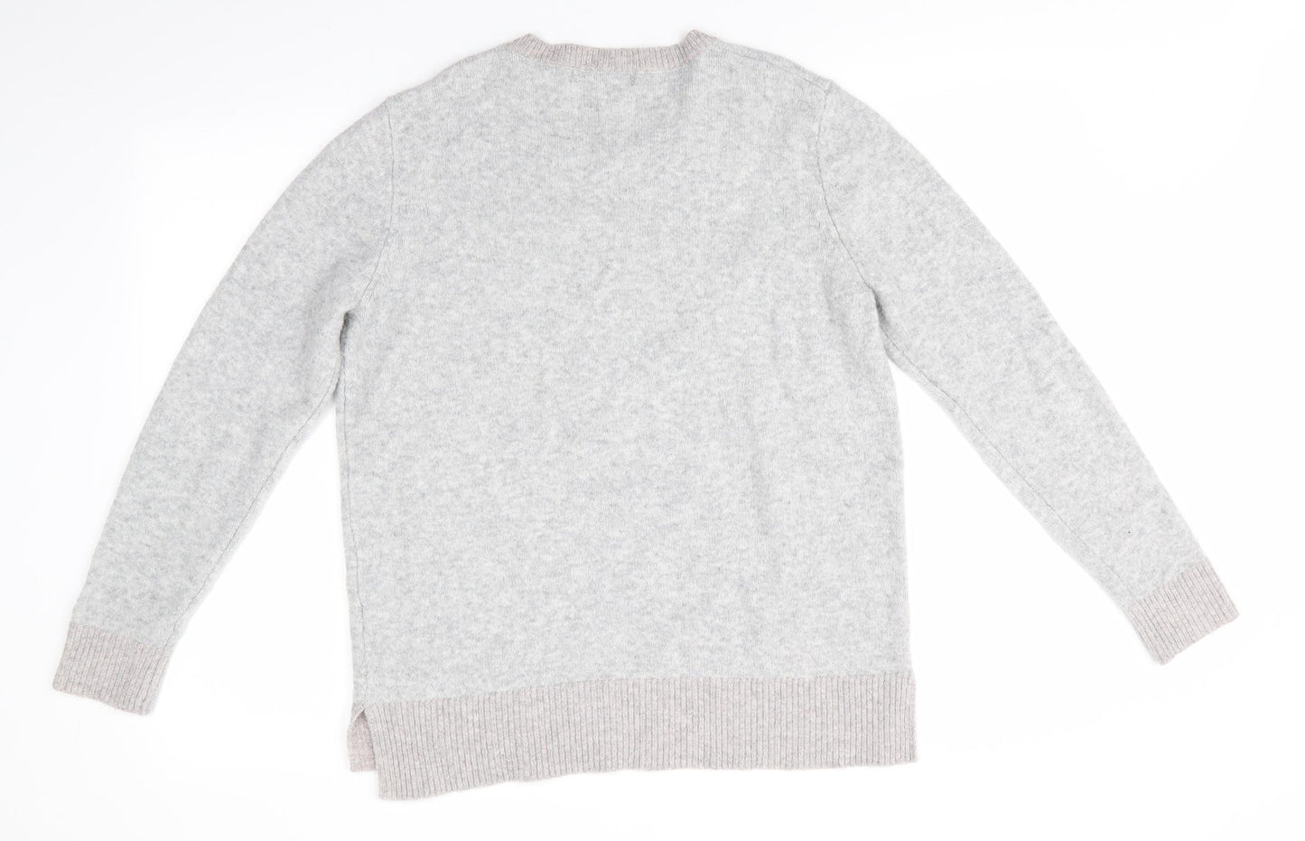 NEXT Womens Grey Round Neck Animal Print Acrylic Pullover Jumper Size 14   - Pale Pink Shimmer trim Neck Hemline Cuffs Christmas Reindeer Jumper
