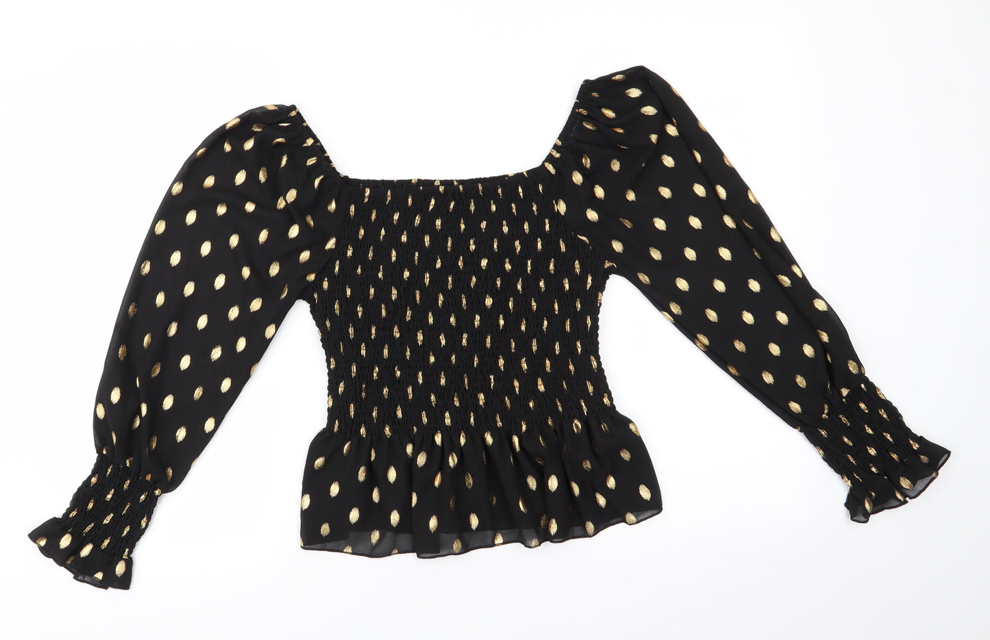 New Look Womens Black Polka Dot Polyester Basic Blouse Size 16 Square Neck - Gold Polka Dots Elasticated Bodice & Cuffs Sheer Sleeves