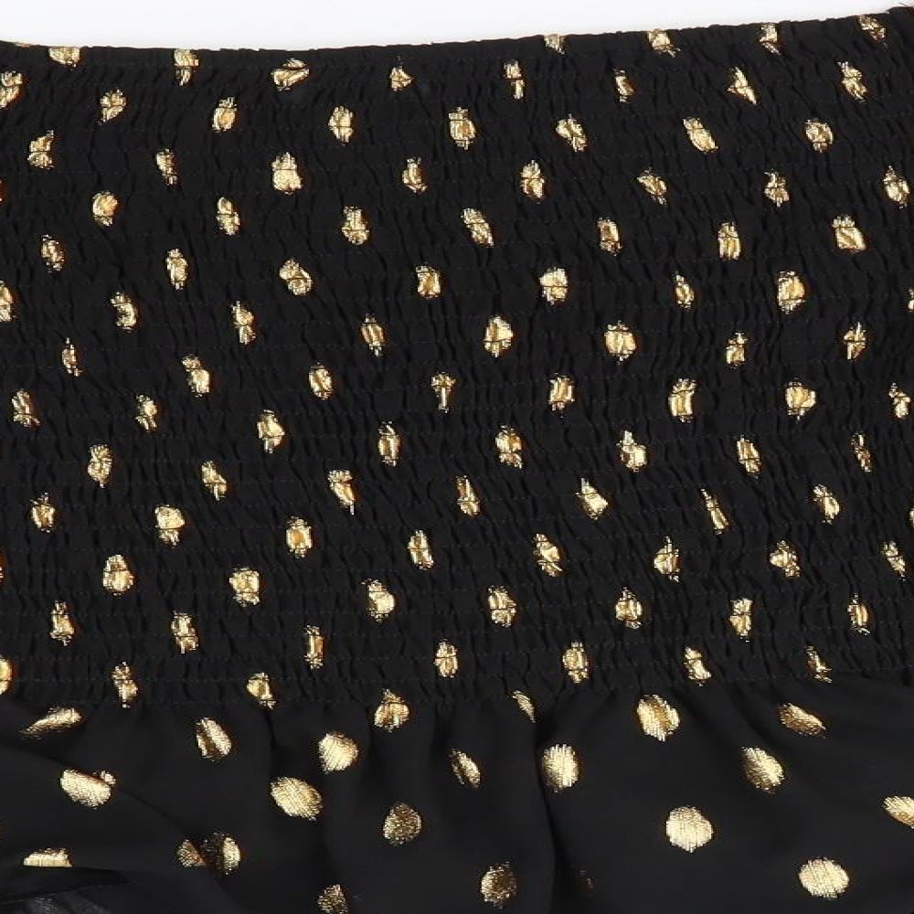 New Look Womens Black Polka Dot Polyester Basic Blouse Size 16 Square Neck - Gold Polka Dots Elasticated Bodice & Cuffs Sheer Sleeves