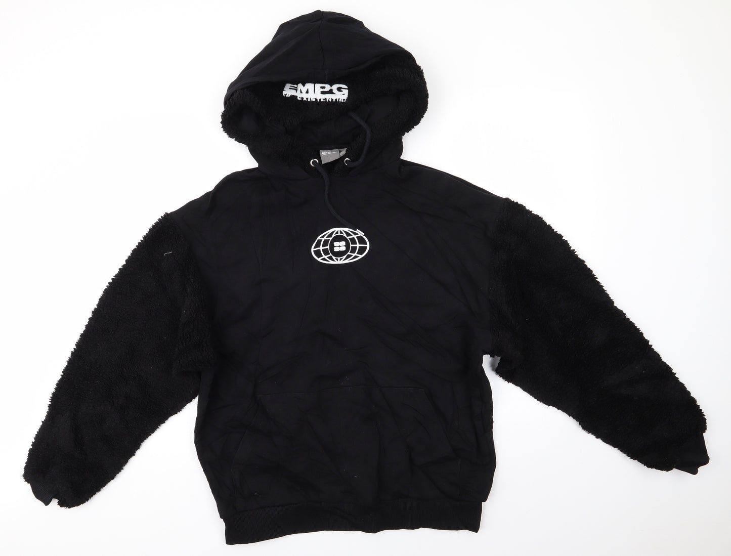 ASOS Mens Black  Cotton Pullover Hoodie Size M   - Double Hood Faux Sheepskin Hood & Arms