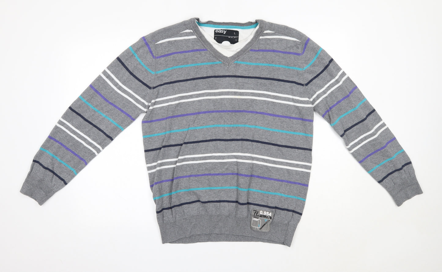 Matalan Mens Grey Round Neck Striped Cotton Pullover Jumper Size L