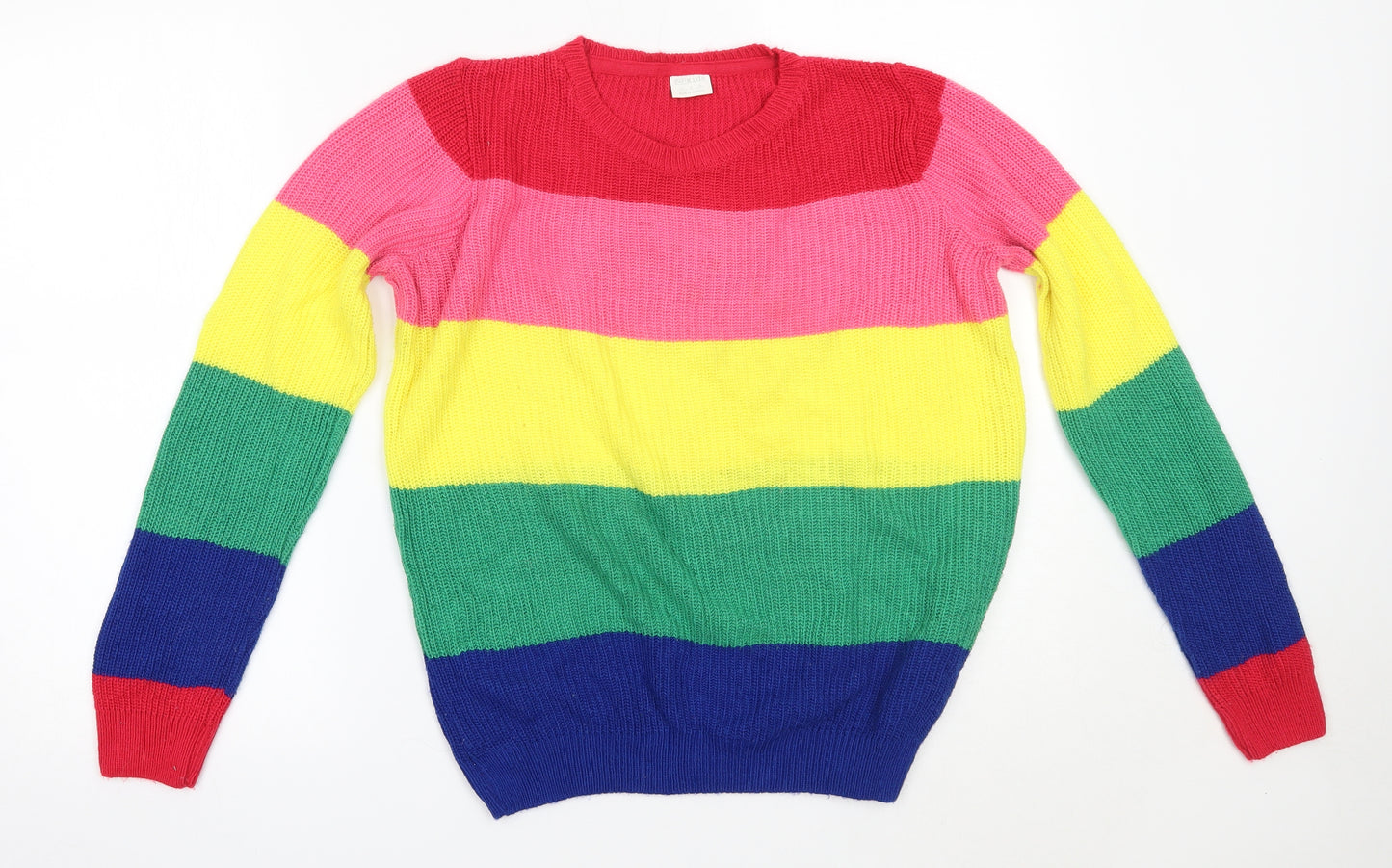 F&F Girls Multicoloured Round Neck Striped Acrylic Pullover Jumper Size 12-13 Years