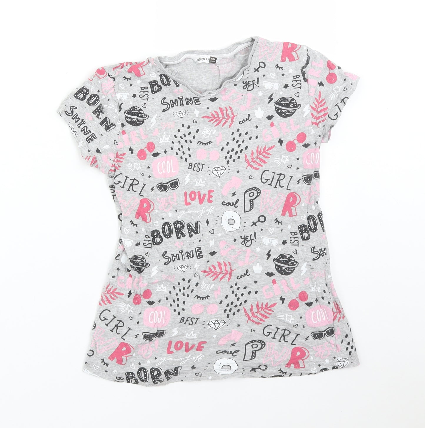 PEP&CO Girls Multicoloured Geometric Cotton Basic T-Shirt Size 11-12 Years Round Neck  - GIRL POWER LOVE COOL