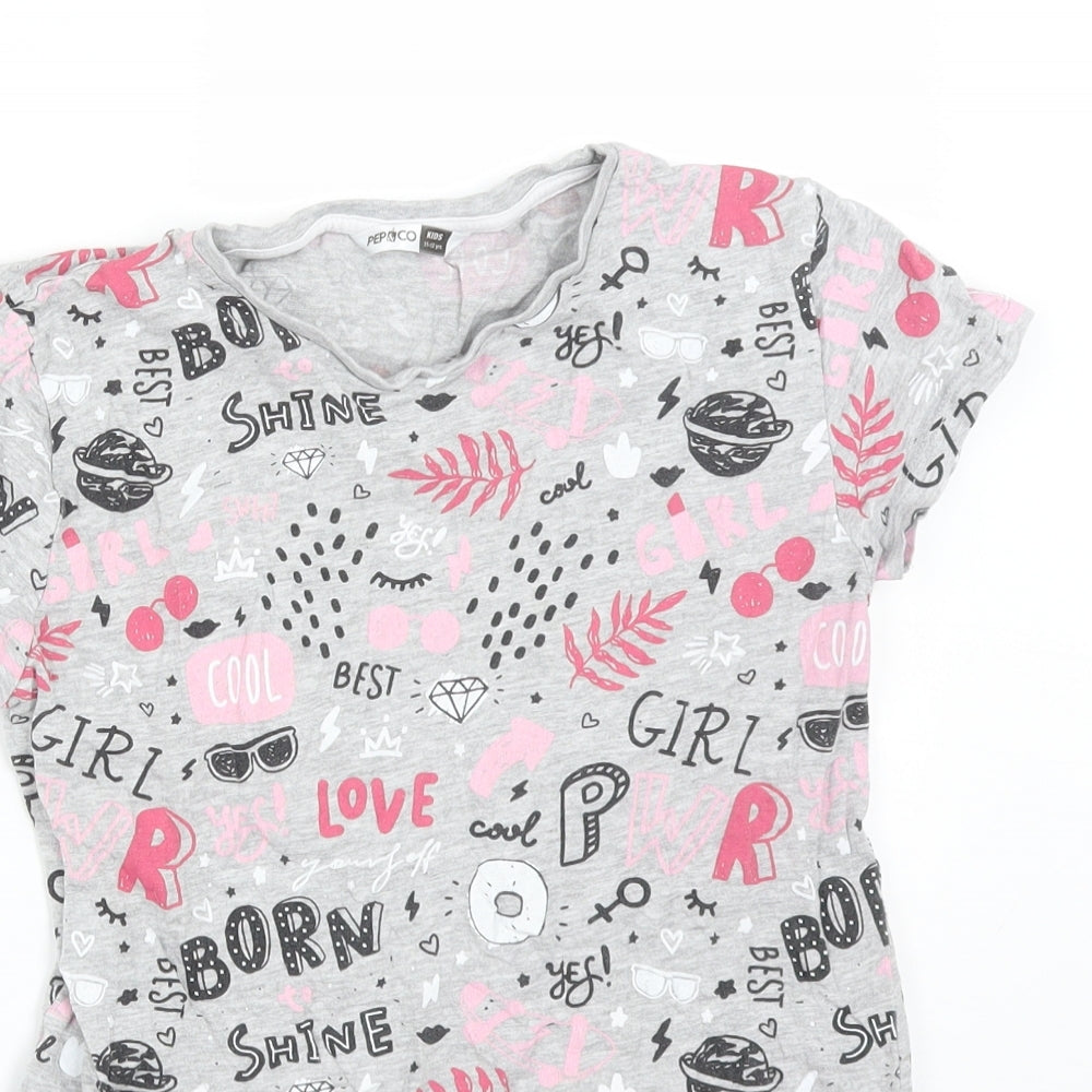 PEP&CO Girls Multicoloured Geometric Cotton Basic T-Shirt Size 11-12 Years Round Neck  - GIRL POWER LOVE COOL