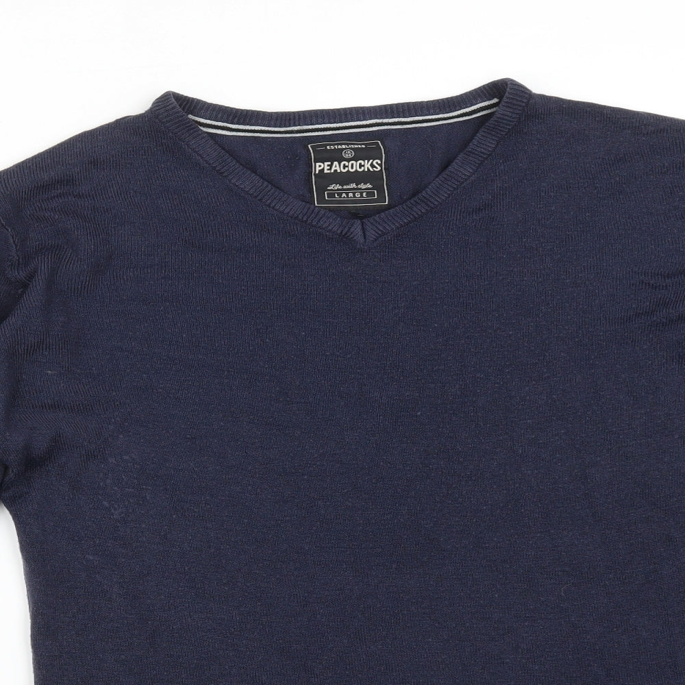 Peacocks Mens Blue  Acrylic  T-Shirt Size L V-Neck