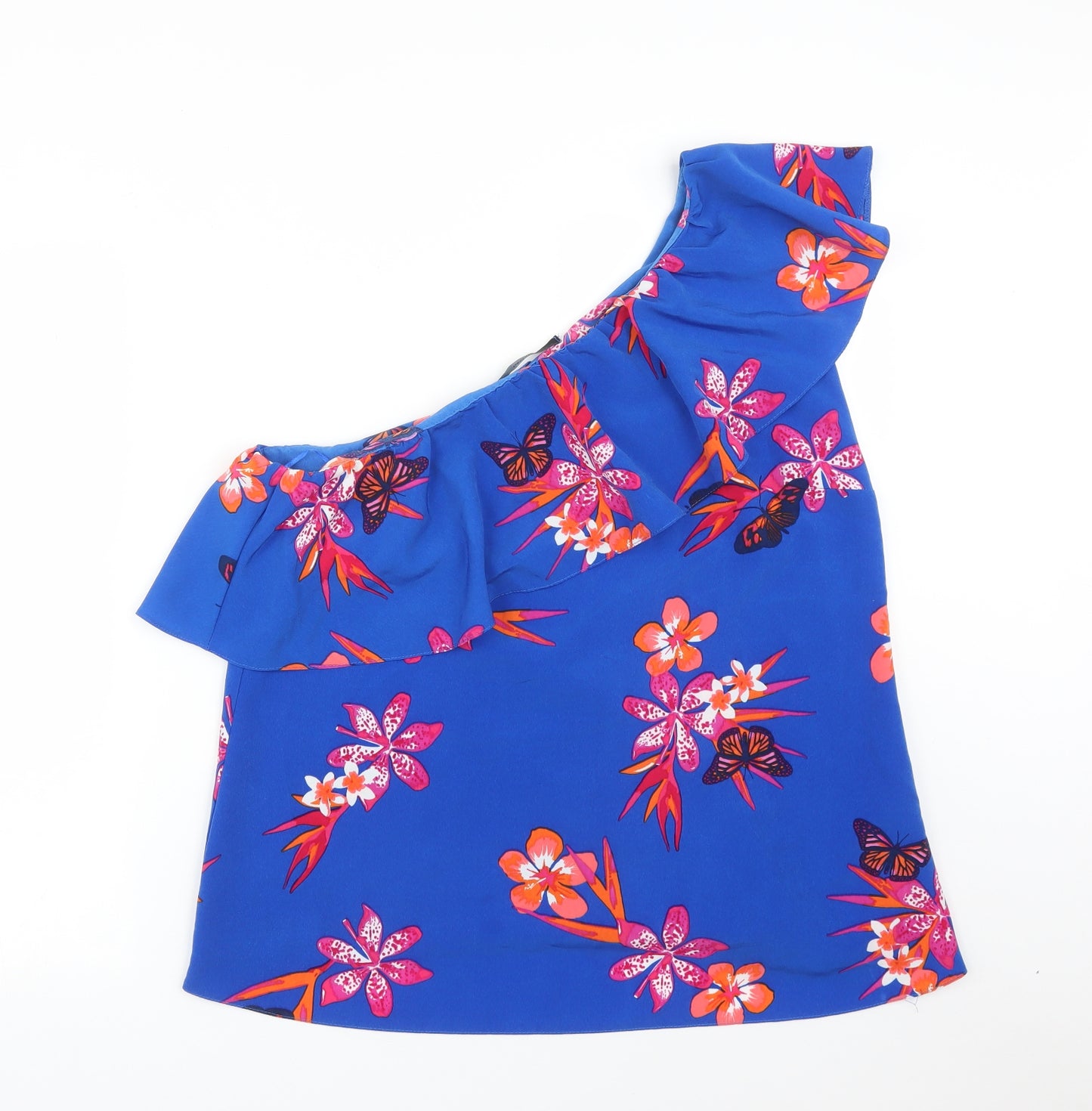 George Womens Blue Floral Polyester Basic T-Shirt Size 12 One Shoulder