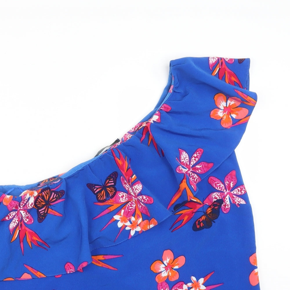 George Womens Blue Floral Polyester Basic T-Shirt Size 12 One Shoulder