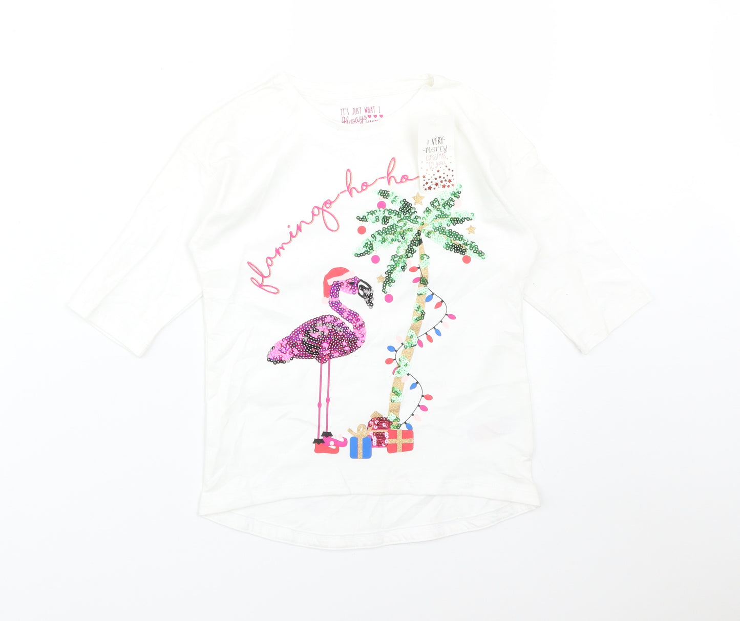 &F Girls White  Cotton Basic T-Shirt Size 6-7 Years Round Neck  - FLAMINGO-HO-HO