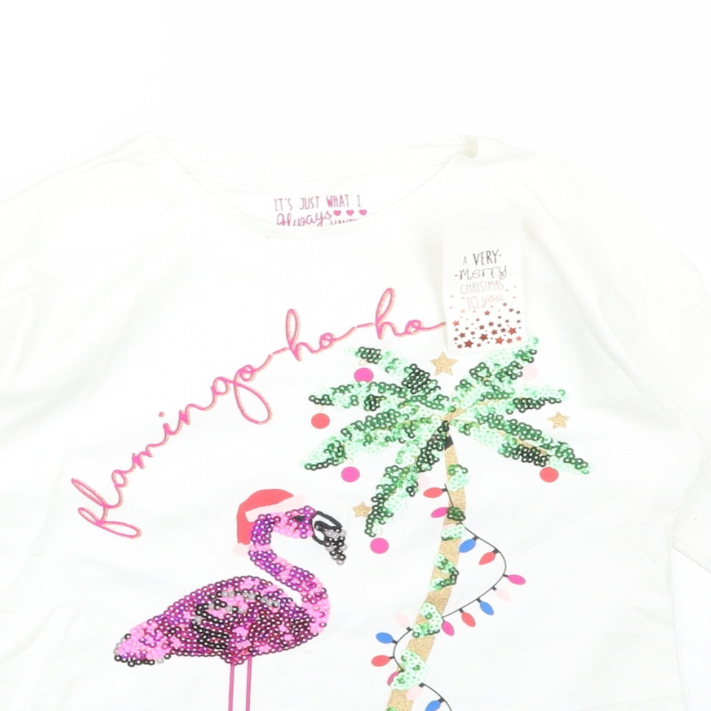 &F Girls White  Cotton Basic T-Shirt Size 6-7 Years Round Neck  - FLAMINGO-HO-HO