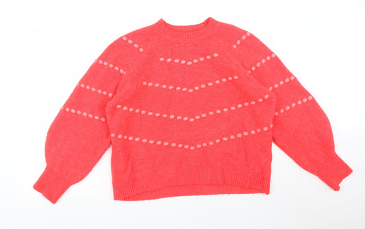 Front view of Next women’s pink striped acrylic pullover sweatshirt, size UK 14