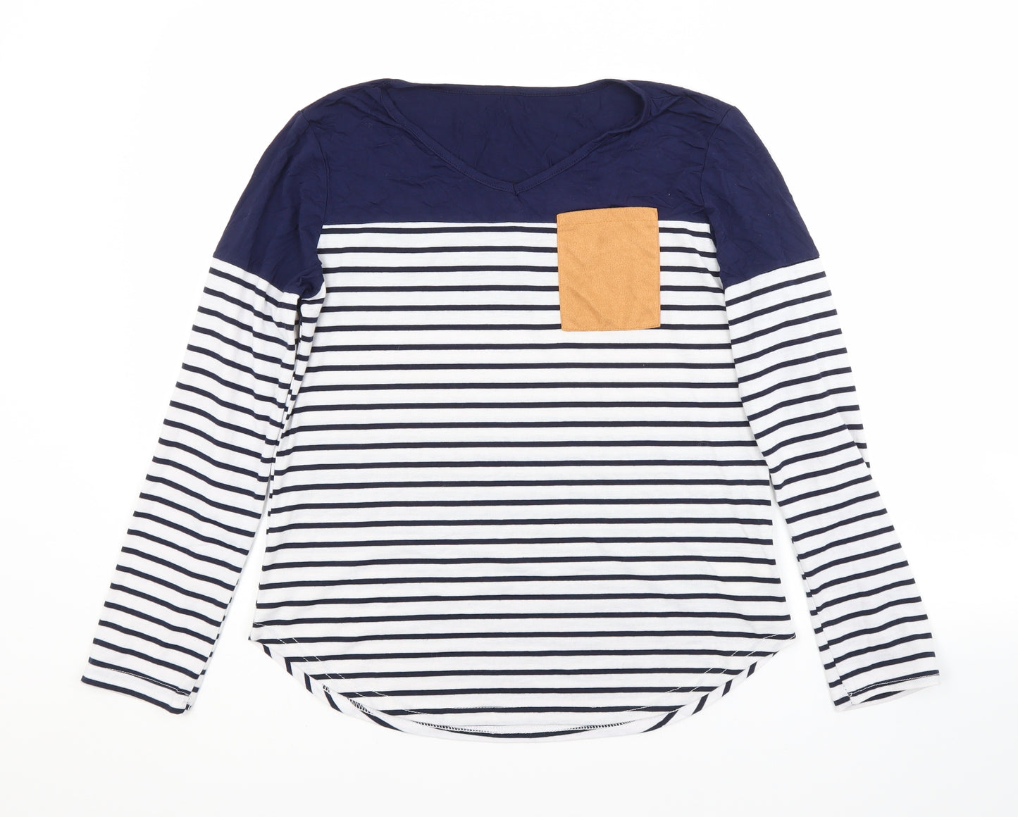 Primark Womens Blue Striped Polyester Basic T-Shirt Size L V-Neck