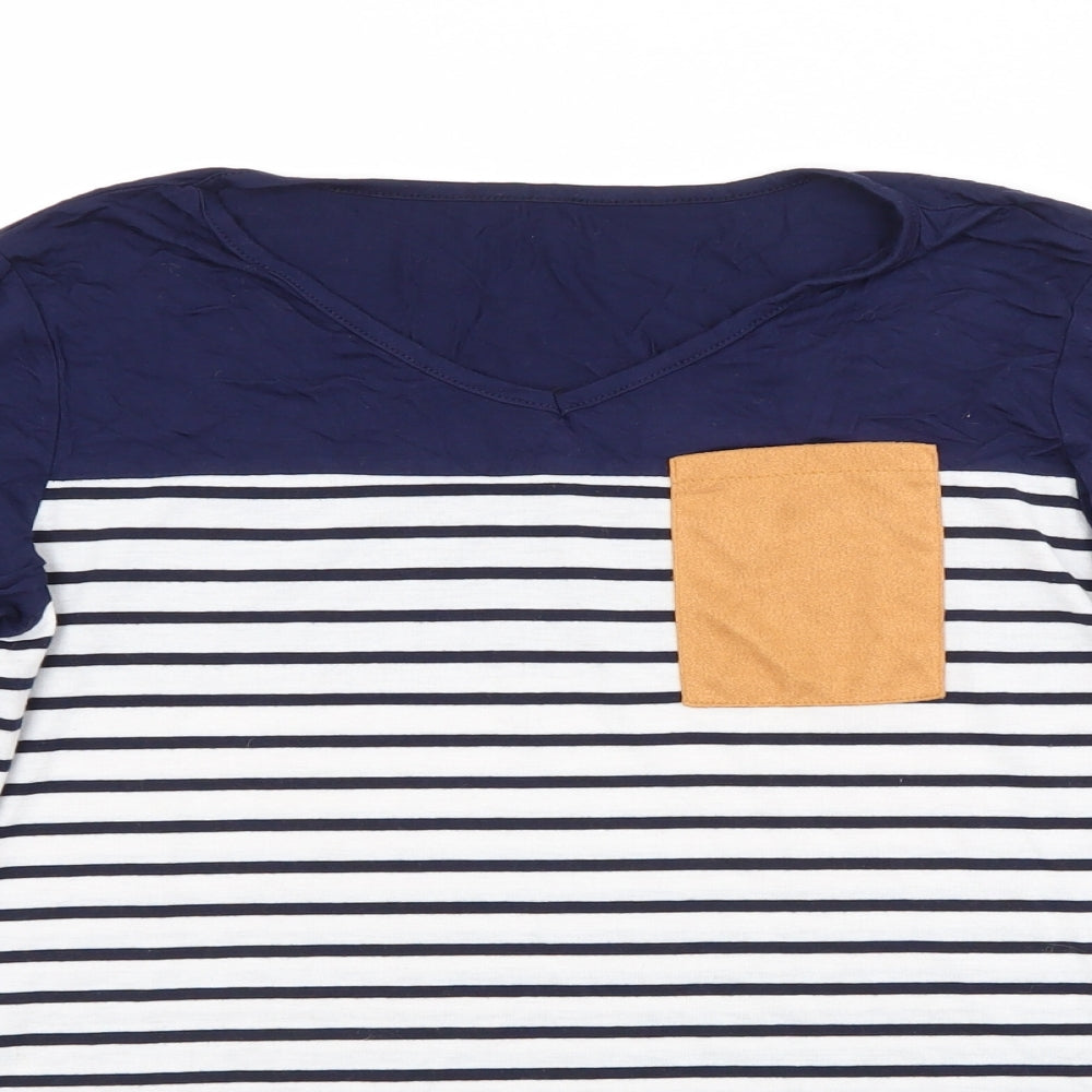 Primark Womens Blue Striped Polyester Basic T-Shirt Size L V-Neck