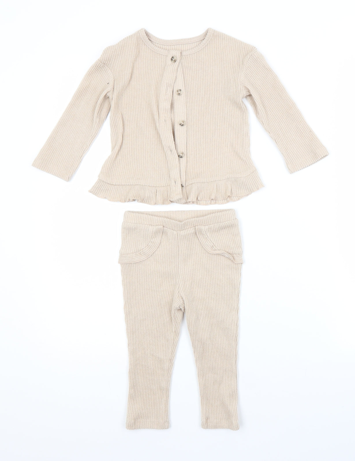Preworn Girls Beige  Polyester Trousers Outfit/Set Size 12-18 Months