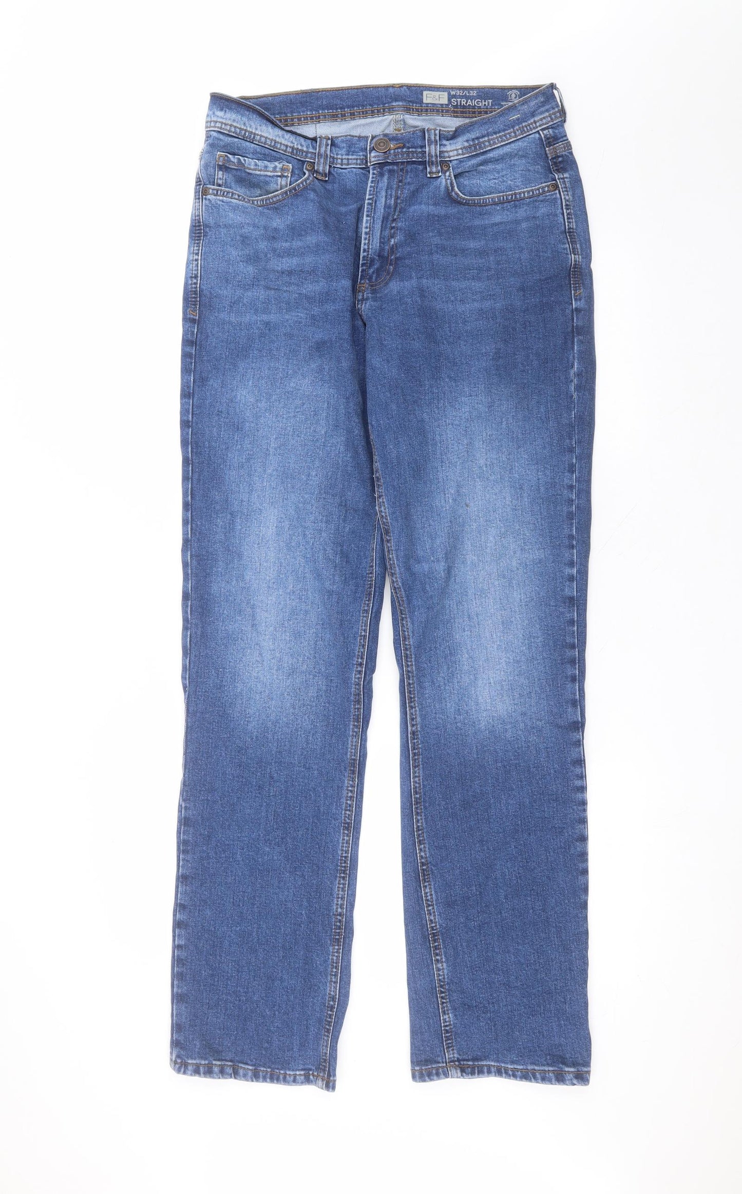 F&F Mens Blue  Cotton Straight Jeans Size 32 in L32 in Regular