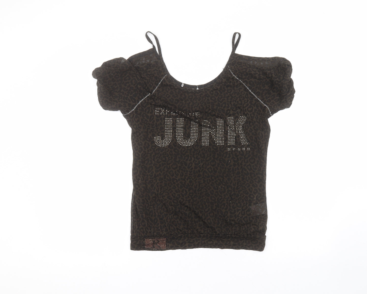 Preworn Womens Brown Animal Print Polyester Basic T-Shirt Size 10 Round Neck