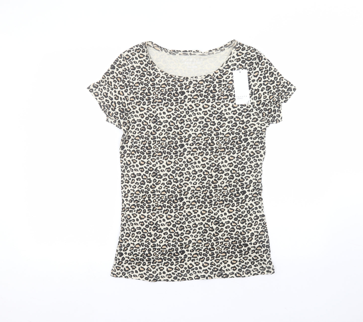 Papaya Womens Brown Animal Print Cotton Basic T-Shirt Size 14 Round Neck