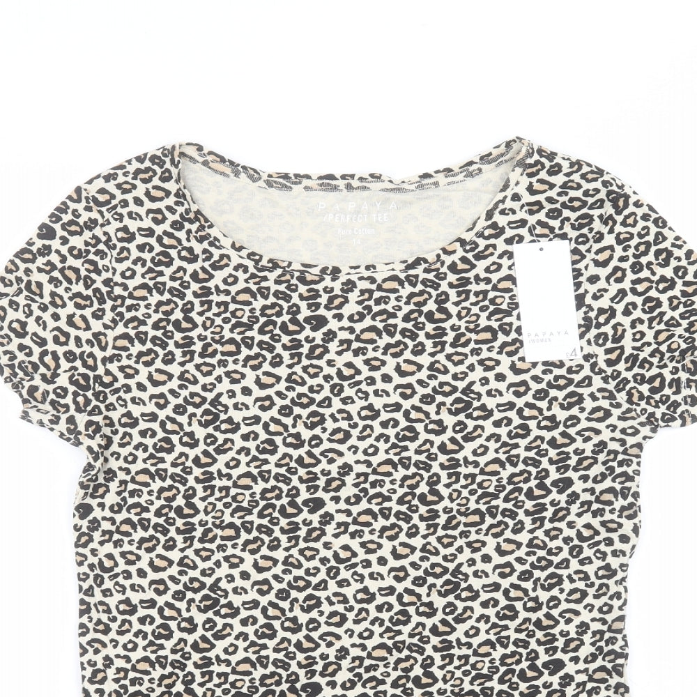 Papaya Womens Brown Animal Print Cotton Basic T-Shirt Size 14 Round Neck